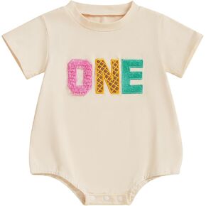 Baby Boy Girl First Birthday Outfit Short Sleeve Bubble Romper Crewneck Shirt Bodysuit Tops Cute Birthday Clothes