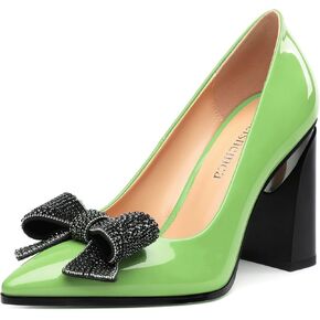 Womens Chunky Block High Heels Patent Closed Pointed Toe Bow Pumps Slip on Heels Wedding Party Dress Shoes 3.5IN