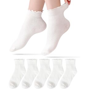 DRESHOW Womens Ruffle Socks Cute Turn-Cuff Casual Ankle Socks Breathable Lettuce Crew Knit Frilly Sock 6 Pack