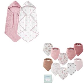 Yoofoss Hooded Baby Towels for Newborn 2 Pack 100% Muslin Cotton & Muslin Baby Bibs 10 Pack Bandana Bibs 100% Cotton