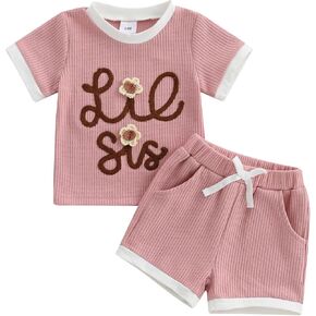 Toddler Baby Girl Summer Clothes Lil Sis/Big Sis Embroidery T-shirt Bow Print Shorts 2Pcs Sister Matching Outfits
