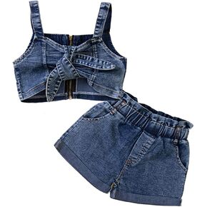 2PCS Baby Girls Denim Outfits Sets Sleeveless Back Zipper Strap Camisole + Elastic Waist Side Pockets Shorts