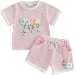 Toddler Girl Summer Outfits Baby Girl Embroidered Flowers Short Sleeve T Shirts Shorts Set Cute Little Girls Clothes