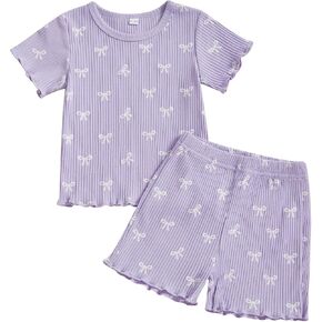 ZAXARRA Toddler Girl Bow Ribbed Outfit Ruffle Short Sleeve T-shirt Shorts 2 Piece Spring Summer Cute Casual Clothes Set