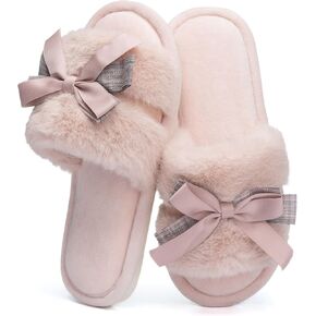 Cute Bow Slippers for Women with Memory Foam Open Toe Fuzzy House Slippers indoor outdoor Anti-Skid Soft Birthday Gifts for Women Mom