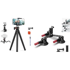 NEEWER T30 Camera Tripod with Remote Phone Holder, Mini Flexible Tripod Stand with Action Camera Mount Adapter for Hero 12 11 10 9 Vlog Phone Tripod for iPhone, CA067 Triple Suction Cup Mount Included