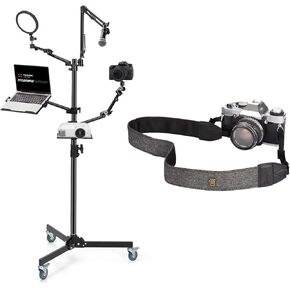 Tarion Live Streaming Stand مع عجلات + حزام كاميرا قابل للتعديل DSLR حزام الرقبة ، 61 "/155 سم 5 في 1 دفق معدات المعدات + حزام عالمي الكاميرا للمصور ، LYN-242H
