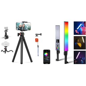 NEEWER T30 Camera Tripod with Remote, Mini Flexible Vlog Phone Tripod Stand with Action Camera Mount Adapter for Hero 12 11 10 9, Hidden Phone Holder with Cold Shoe, BH30S RGB Light Wand Included