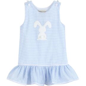 Light Blue Seersucker Pom Pom Bunny Swing Dress