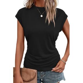 Bliwov Womens Summer Cap Short Sleeve Tops Solid Casual Crewneck Ruched T Shirts Trendy Basic Tshirts for Women in Kuwait