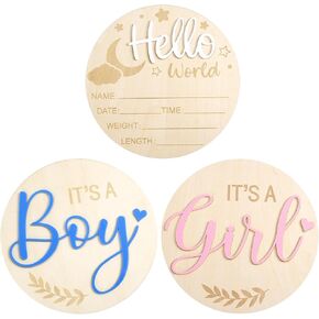 3pcs Baby Announcement Sign, 5.83 Inch Gender Reveal Wooden Sign Acrylic Hello World Newborn Birth Baby Name Plaques It’s a Boy It’s a Girl Baby Arrival Sign for Hospital Baby Show