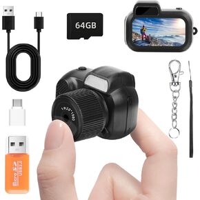 كاميرا Mini Keychain ، FHD 1080P 8MP كاميرا رقمية مصغرة مع بطاقة SD 64 جيجابايت ، محولات OTG ، قراء البطاقات ، ثمانية مرشحات ، 100 دقيقة عمر البطارية الكاميرا الرجعية لتسجيل دراسة السفر (64 جيجابايت)