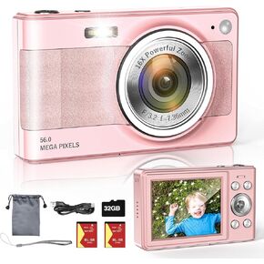Upgrade Digital Camera, 56MP FHD 1080P Camera for Kids with 16x Zoom Anti Shake, Kid Camera with 32GB TF Card, Two Batteries, Lanyard, Compact Small Camera for Kids Boys Girls（Pink）