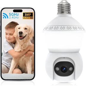 Light Bulb Security Camera Wireless Outdoor,5G& 2.4G WiFi Security Camera,3MP& 360° PTZ Bulb Camera,Smart Night Vision LED Bulb Cameras, AI Human Detection&Alarm, 2-Way Audio, Cloud Storage