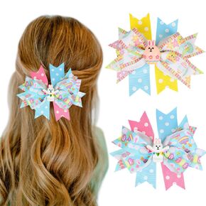 2 Packs Easter Hair Bow Clips Bunny Grosgrain Ribbon Hair Bow with Alligator Clips Cute Bunny 3 D Charm Designs Hair Barrettes Boutique for Infant Little Girl Hair Accessories Easter Party Basket Gift