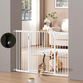 WEBKKS LED بوابة الكلب المعدنية مع باب القط ، PRINT CAT GATE 26.8 '-45' '، الضغط على حاجز سياج الحيوانات الأليفة مثبتة على المداخل المطبخ المطبخ ، 30 "طويل القامة