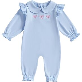 Newborn Girl Long Sleeve Jumpsuit Bow Print Peter Pan Collar Ruffle Romper Playsuit Baby One Piece Outfit