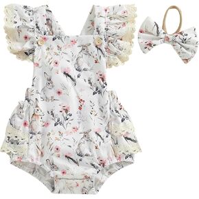 Infant Baby Girls Easter Outfits Flower Bunny Print Lace Trim Flying Sleeve Romper + Bow Headband Easter Jumpsuit