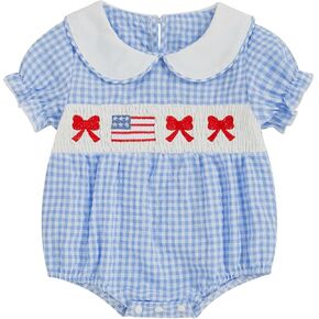 Baby Girl 4th Of July Outfit Newborn Smocked Bubble Romper Peter Pan Collar Bodysuit My First Fourth Of July Clothes