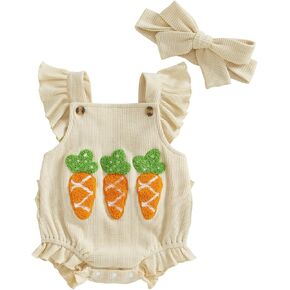 Newborn Baby Girl Easter Clothes Carrot Embroidery Romper Ruffle Sleeveless Overalls Bodysuit Headband Summer Outfit