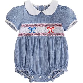 Baby Girl 4th Of July Outfit Newborn Smocked Bubble Romper Peter Pan Collar Bodysuit My First Fourth Of July Clothes in Kuwait