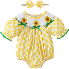 Baby Girl Clothes Smocked Romper Newborn Plaid Short Sleeve Bubble Bodysuit + Bow Headband Summer Outfits 0-18 Months