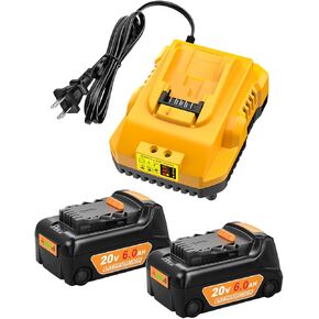 2-Pack 6.0Ah Battery Replacement for Dewalt 20v Battery and with DCB112 Battery Charger Station（Yellow）