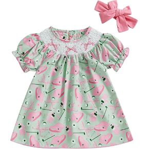 Toddler Baby Girl Golf Outfit Short Sleeve Golf Embroidery Smcoked Dress Princess Dresses Headband Summer Clothes