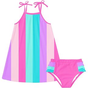 Toddler Girls Summer Sling Rainbow Sundress Straps Sleeve Casual Beach Dress Outfit with Cute Short 2-5 Years