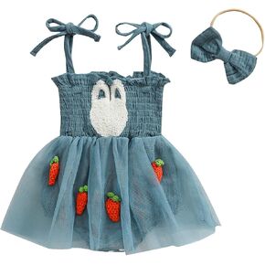 Newborn Baby Girl Easter Romper Dress Sleeveless Smocked Bunny Knited Carrot Tulle Tutu Bodysuit My 1st Easter Outfit