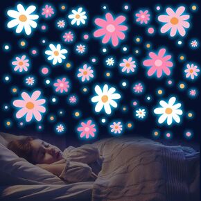 Glow in The Dark Big Daisy Wall Decals，Glowing Luminous Daisy Wall Stickers Colorful Removable self-Adhesive Boho Flower Decals for Girls Bedroom Kids Baby Nursery Living Room Decor