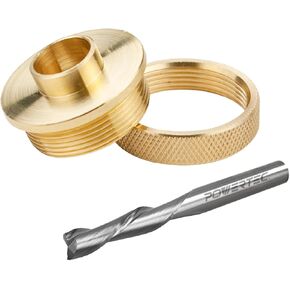 POWERTEC Short Shank Guide Bushing and Nut, 5/8-Inch with Solid Carbide Up Cut Spiral Router Bit, 1/4" Shank. Woodworking Router Bits for use on CNC and Router Tool
