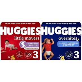Huggies Little Movers + Overnites Bundle: Huggies Little Movers Baby Diapers, Size 3 (16-27 lbs), 156ct (6 packs of 26) & Huggies Overnites Overnight Diapers, Size 3 (16-27 lbs), 132ct (2 packs of 66)