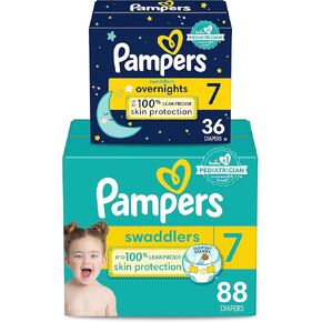 Pampers Disposable Diapers Size 7, Swaddlers 88 Count + Overnight (36 Count)