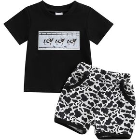 Toddler Baby Boys Western Outfits Embroidery Cow Short Sleeve T Shirt and Plaid Shorts Sets 2Pcs Summer Clothes Set