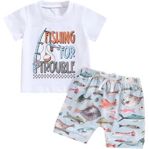 Chloefairy Toddler Baby Boy Fishing Clothes Short Sleeve T Shirt Top and Fish Shorts Set 2Pcs Infant Summer Outfits