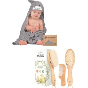 KeaBabies Baby Hooded Towel and Baby Hair Brush and Baby Comb Set - Baby Towel, Toddler Towels, Hooded Towels for Baby - Wooden Baby Brush with Soft Goat Bristle