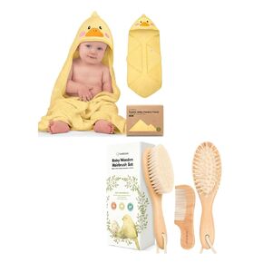 KeaBabies Baby Hooded Towel and Baby Hair Brush and Baby Comb Set - Baby Towel, Toddler Towels, Hooded Towels for Baby - Wooden Baby Brush with Soft Goat Bristle