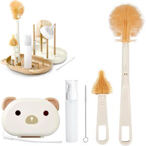 Baby Bottle Brush,Travel Baby Bottle Brush Portable Nursing Bottle Brush Set with Silicone Bottle Brush,Drying Drain Pole,Nipple Brush,Straw Brush and Storage Box,Ideal Gifts for Babies&Moms, White.