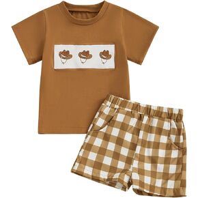 Toddler Baby Boys Western Outfits Embroidery Cow Short Sleeve T Shirt and Plaid Shorts Sets 2Pcs Summer Clothes Set in Kuwait