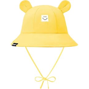 Zando SmileyWorld Baby Sun Hat Toddler UPF 50+ Smiley Face Hat with Bear Ear Wide Brim Baby Bucket Hat Toddler Beach Hat 0-4T