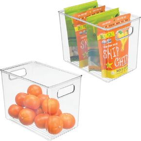mDesign Plastic Deep Kitchen and Pantry Organizer Storage Bin with Handles for Cabinet, Fridge, Freezer - Food Storage Containers for Snacks, Yogurt Pouches or Fruit, Ligne Collection, 2 Pack, Clear