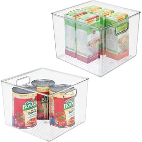 mDesign Plastic Modern Storage Organizer Bin Basket with Handles for Kitchen Organization - Shelf, Cubby, Cabinet, and Closet Organizing Decor - Ligne Collection - 2 Pack - Clear