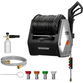Giraffe Tools Grandfalls Pressure Washer, Max 2900 PSI, 2.2 GPM Electric Wall Mounted Power Washer with 100ft Retractable Pressure Hose, Foam Cannon, 4-Nozzles for Car/Driveways/Patios, Light Silver