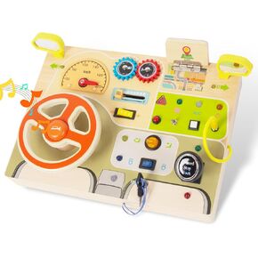 Montessori Busy Board for Toddlers Baby Busy Board Car Steering Wheel Wooden Sensory Board Travel Toys for Fine Motor Skill Gift for 1 2 3+ Years Old Boys Girls Christmas Birthday Parents