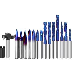 15Pcs CNC Router Bits Set, 1/4" Shank Solid Carbide Multiple Uses Router Bit for Woodworking Detail Carving Trimming V Groove Engraving Slotting Mortise MDF Resin Lettering Sign Making