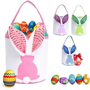 Easter Bunny Baskets with Lights, 4 Pcs Large Easter Egg Hunt for Kids Canvas Basket Candy Tote Bags with Handles Decorations Party Supplies for Spring Egg Hunts Party Storage