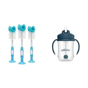 Dr. Brown's Baby Bottle Cleaning Brush Sponge and Scrubber Blue - 3-Pack & Milestones Baby’s First Straw Cup, Training Cup Weighted Straw, Dark Blue, 6m+ 3-Pack