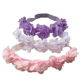 Jilukibo Baby Elastic Lace Bows Flower Headbands, Stretch Gold Princess Floral Hair Band Headwear for Infant Girls Toddler Hair Accessories (3 Pack, White Pink Purple)