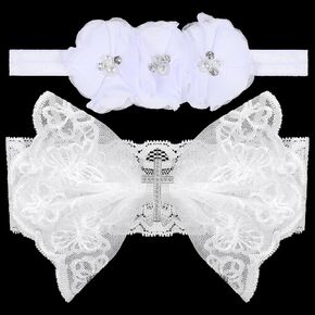 2Pcs Baby Girls Baptism Headbands, Newborn Christening White Cross Lace Hair Bowknot Infant Floral Pearl Rhinestone Hair Stretchy Strap for Baby Shower Party Photography Props, Over 6 Months